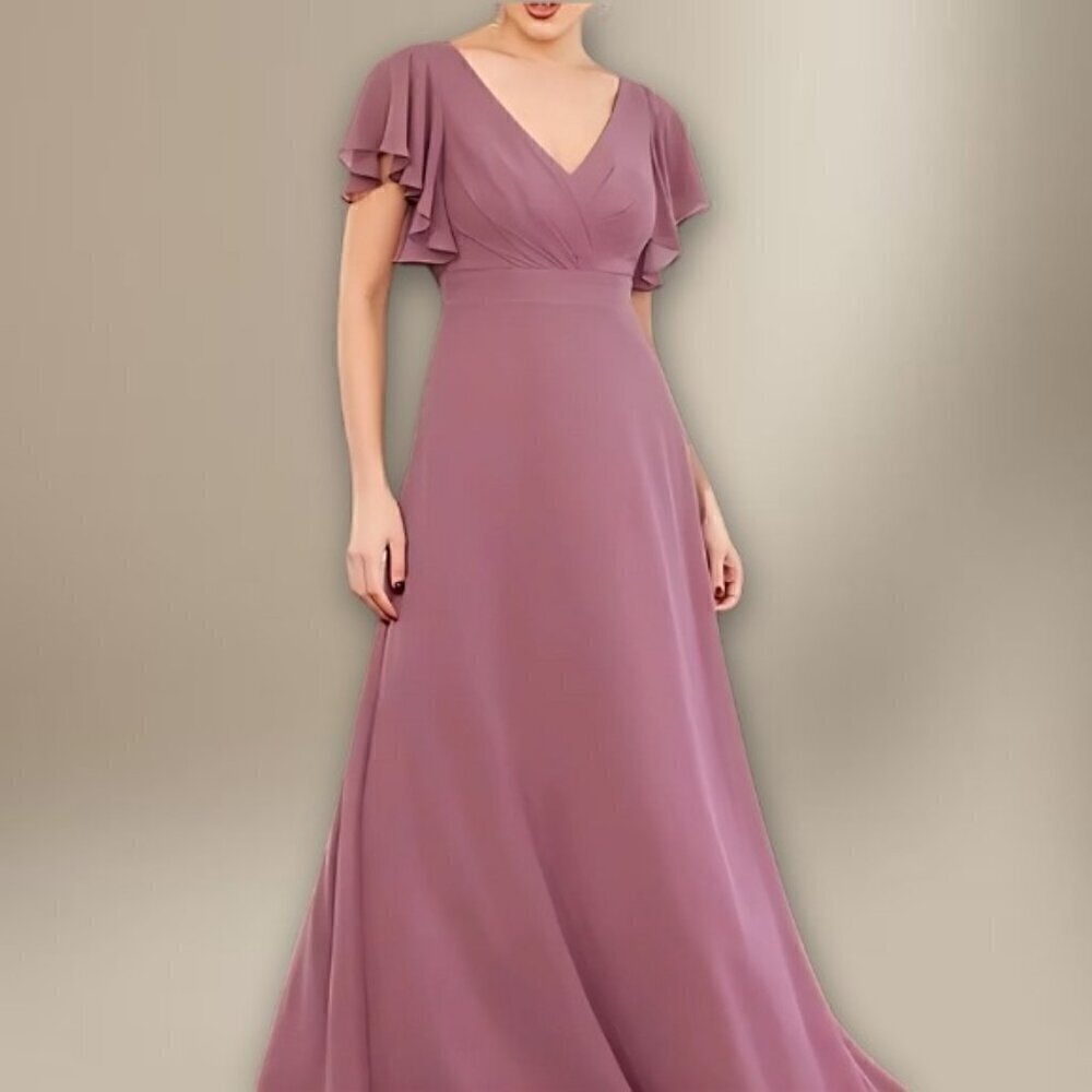 David’s Bridal A-Line Gown Surplice V-Neck Ruffle Sleeve Chiffon Pastel Purple